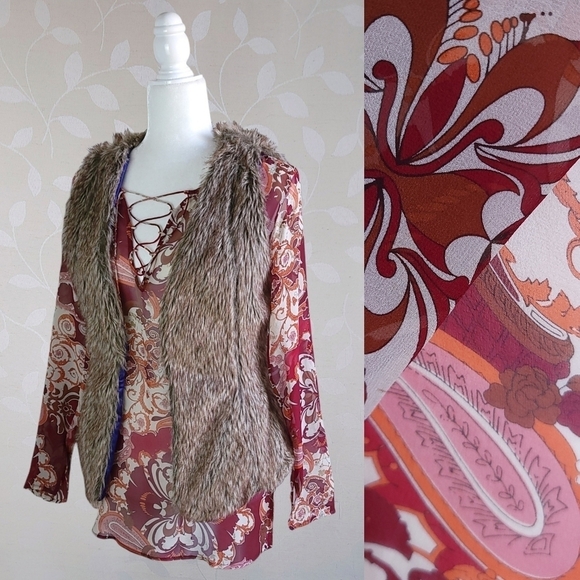 Vintage 90s Silk Retro Paisley Print Sheer Lace Up Tunic Top Red Orange XS - Picture 1 of 16